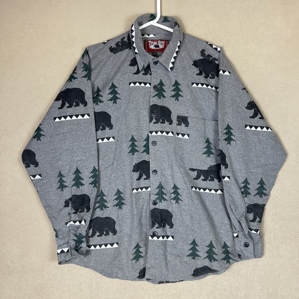 True Grit Shirt Mens‎ Extra Small Gray Vintage Flannel Bear Pine Tree Adult